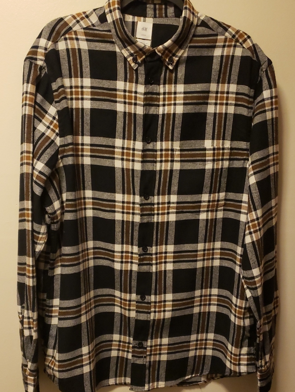 H&M Men's Black, Brown & Cream Plaid Thin Flannel Button-Down Shirt